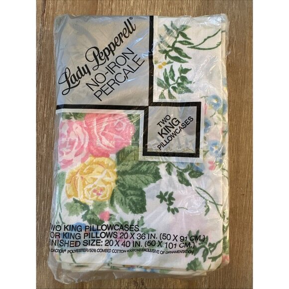 Lady Pepperell Pillowcases King Ivory Floral No-Iron Percale Set of Two 20 x 36 - Picture 1 of 6